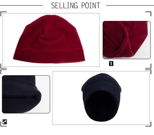 Detail of premium polar fleece beanies showing reinforced double stitching and warm texture