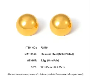 Polished 18k gold plated titanium steel dome stud earrings with 1.85cm round dimension
