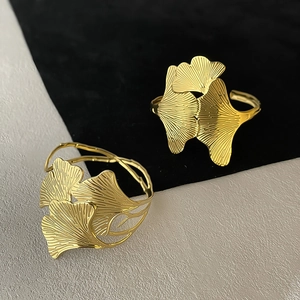 Minimalist gold ginkgo leaf open bracelets with detailed leaf texture for women