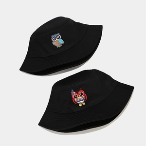 Classic black cotton bucket hats with colorful owl embroidery for outdoor sun protection