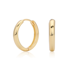 Detailed view of polished 18K gold hollow hoop earrings with secure hinge closures