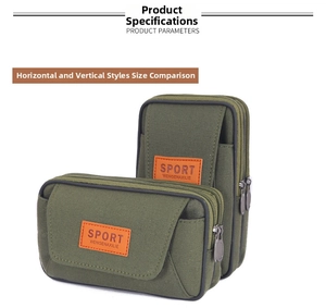 Army green canvas waist bags in horizontal and vertical styles with SPORT logo