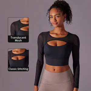 Haut de Yoga à Manches Longues Épissage en Maille Femme Sexy Ajouré Coupe Ajustée Sportswear Respirant Élastique T-Shirt
