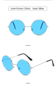 Detailed views of silver round metal sunglasses with vibrant blue translucent lenses