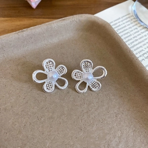 Detail of silver floral earrings with hollow mesh petals and centered round white pearls