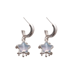 Star and moon dangle earrings with silver needle and light blue resin stone details