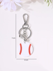 Detail view of 11cm baseball keychain featuring a metal bat and white ball charm