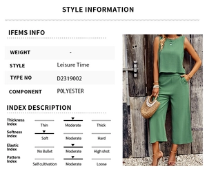 Size chart for green polyester two-piece set featuring sleeveless top and cropped pants