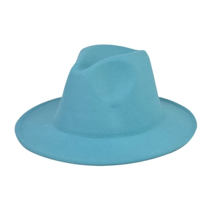 Flat-top wool fedora hat in sky blue featuring a wide brim and classic indented crown