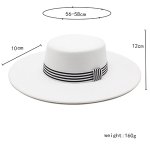Detailed size specifications for white wool felt wide brim hat with 10cm brim and 12cm height