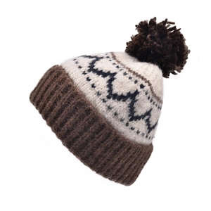 Bonnet en maille jacquard rétro avec pompon marron pour rester au chaud en hiver