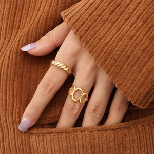 French vintage style 18K gold plated twisted and geometric hollow ring set for women