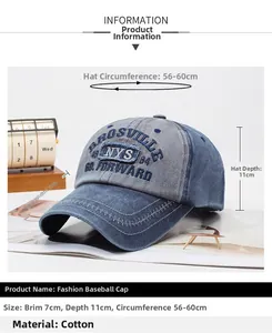 Detail view of washed vintage baseball cap showing 7cm brim and adjustable size specs