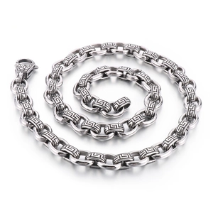 Men's retro stainless steel square totem chain with silver Greek key pattern