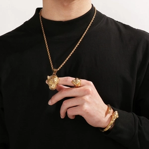 Gold tiger head jewelry set including necklace ring and bracelet for men in retro style