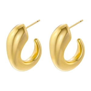 Polished gold C-shape stud earrings with minimalist curved surface on white background
