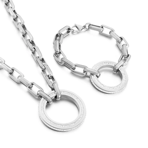 Modern silver link chain necklace and bracelet set with round rhinestone pendants