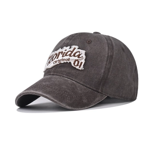 Detailed close-up of Florida original 01 embroidery on washed cotton baseball cap