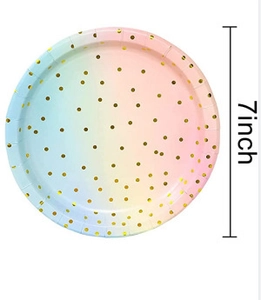 7-inch rainbow macaron gradient paper plate with gold foil polka dots for birthday party