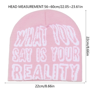 Size chart for pink beanie with white slogan showing height and circumference details