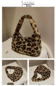 Close-up of leopard pattern faux fur handbag with smooth zipper and plush texture