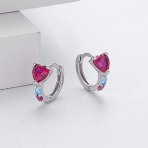 S925 sterling silver heart-shaped ruby hoop earrings with colorful zircon accents