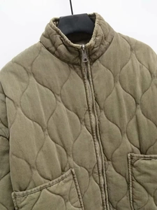 Close-up of olive green quilted jacket showing collar, metal zipper, and pocket details