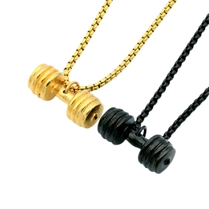 316L stainless steel dumbbell pendant necklace in gold and black finishes with box chain