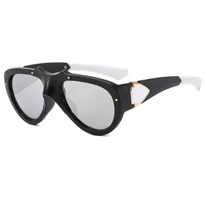 Fashionable oversized sports sunglasses with black and white frames and golden triangle detail