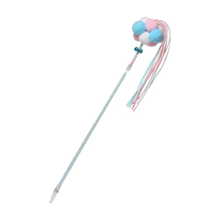 Interactive cat teaser wand with colorful plush balls, bells, and long tinsel ribbons