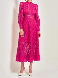 Elegantes Midi Kleid Mit Spitze Und Stickerei Ausgeschnitten Langarm Stehkragen Slim Fit Party Damen