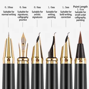 Set of six stainless steel fountain pen nibs ranging from 0.38mm to 1.3mm and brush tip