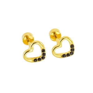 Detail of gold heart earrings with black stones and secure screw back closure