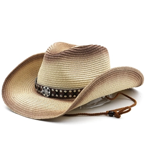 Western straw cowboy hat with gradient finish and metallic lion emblem on studded band