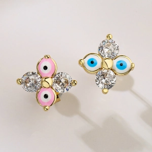 Exquisite gold-plated evil eye stud earrings with pink and blue enamel and zircon inlay
