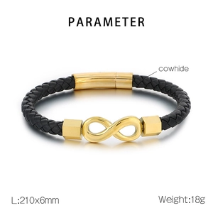 Detail of 21cm black braided cowhide leather bracelet with golden infinity symbol clasp