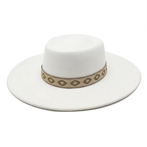 White wide-brimmed wool felt fedora hat with ethnic embroidered band for men and women