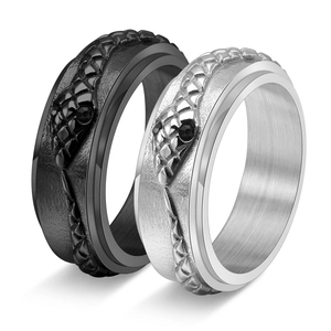 Gothic rotatable snake rings in black and silver finishes with textured scales