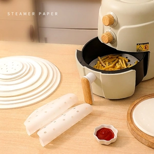 Round Steamer Paper Liners Non-stick Perforated Silicone Oil Wood Pulp For Dumpling Bun Dim Sum Air Fryer