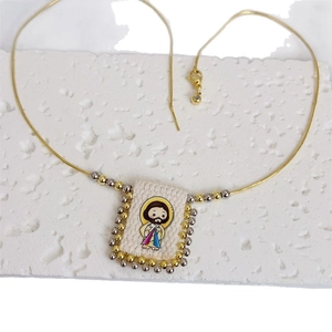 Handmade 18K gold plated necklace with religious cartoon pendant and mixed bead chain