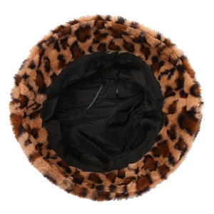 Winter leopard print faux fur bucket hat with warm plush texture and adjustable drawstring
