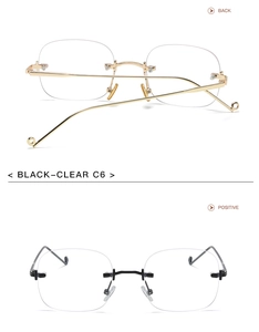 Detail of rimless square sunglasses showing the gold metal frame and cut-edge lenses
