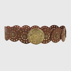 Bohemian brown leather belt with metal grommet cutouts and vintage engraved buckle