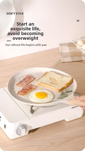 Macro view of non-stick stone coating pan with eggs and bacon on wood handle cookware