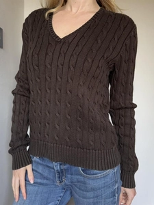 Pull femme en maille torsadée col V marron foncé style décontracté à manches longues