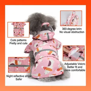 Pink dog raincoat with cartoon prints, transparent brim and safety reflective stripes