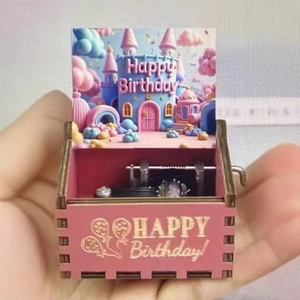 Wooden Hand Crank Music Box Laser Carved Happy Birthday Theme Retro Decorative Musical Box Birthday Gift Ornament
