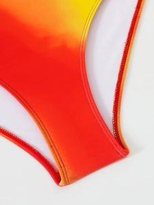 Macro shot of seamless neat stitching on orange gradient beachwear fabric detail