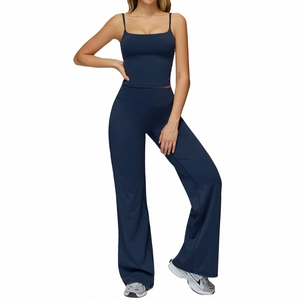 Navy blue high-stretch yoga set with square-neck tank top and flare-leg yoga pants
