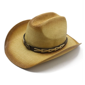 Western Cowboy Straw Hat Women Wide Brim Sun Protection Breathable Paper Woven With Bull Head Metal Decor Retro Outdoor